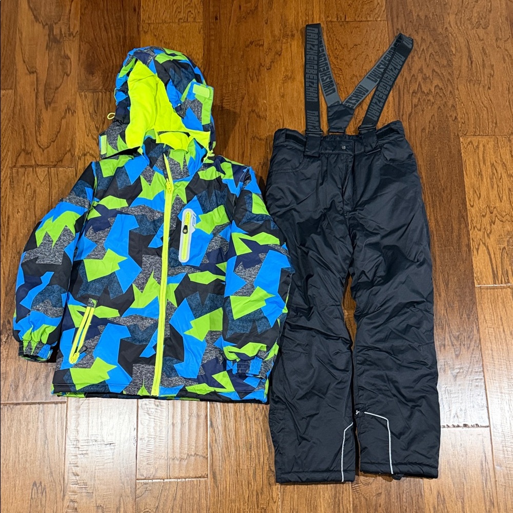 Kuluoxing Kids Waterproof Ski Jacket & Bib Pants - Neon Green Blue Geo Print